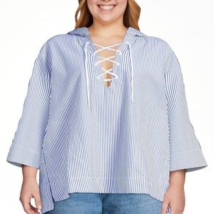 Women’s Free Assembly Lace Up Hoodie Blue and White Striped XXL NWT